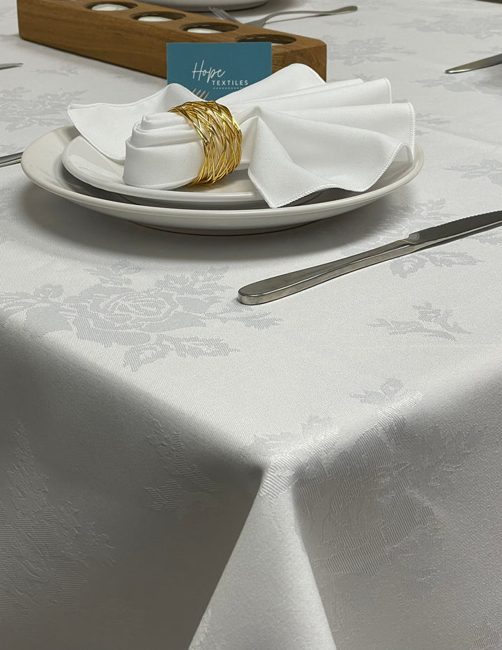 White Damask Rose Round Tablecloth