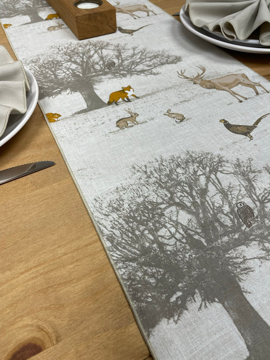 Woodland Animals Print Cotton Table Runner - Natural