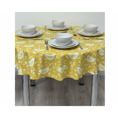 Round Cotton Tablecloth - Ochre Scandinavian Bird Print.