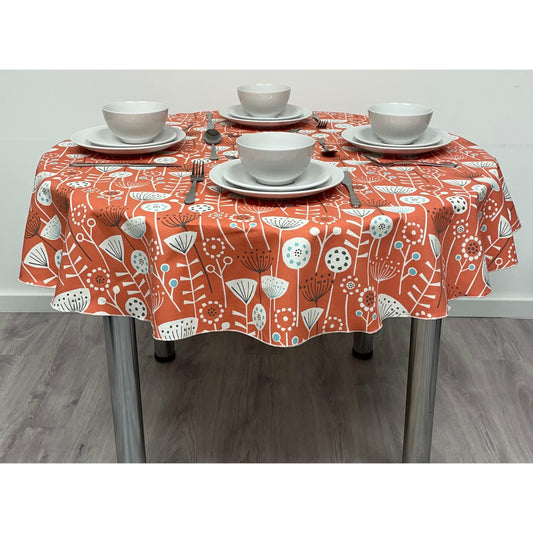 Round Cotton Tablecloth - Orange  Scandinavian Bergen Floral Print