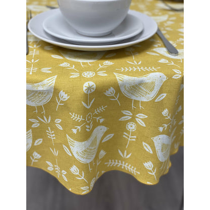 Round Cotton Tablecloth - Ochre Scandinavian Bird Print.