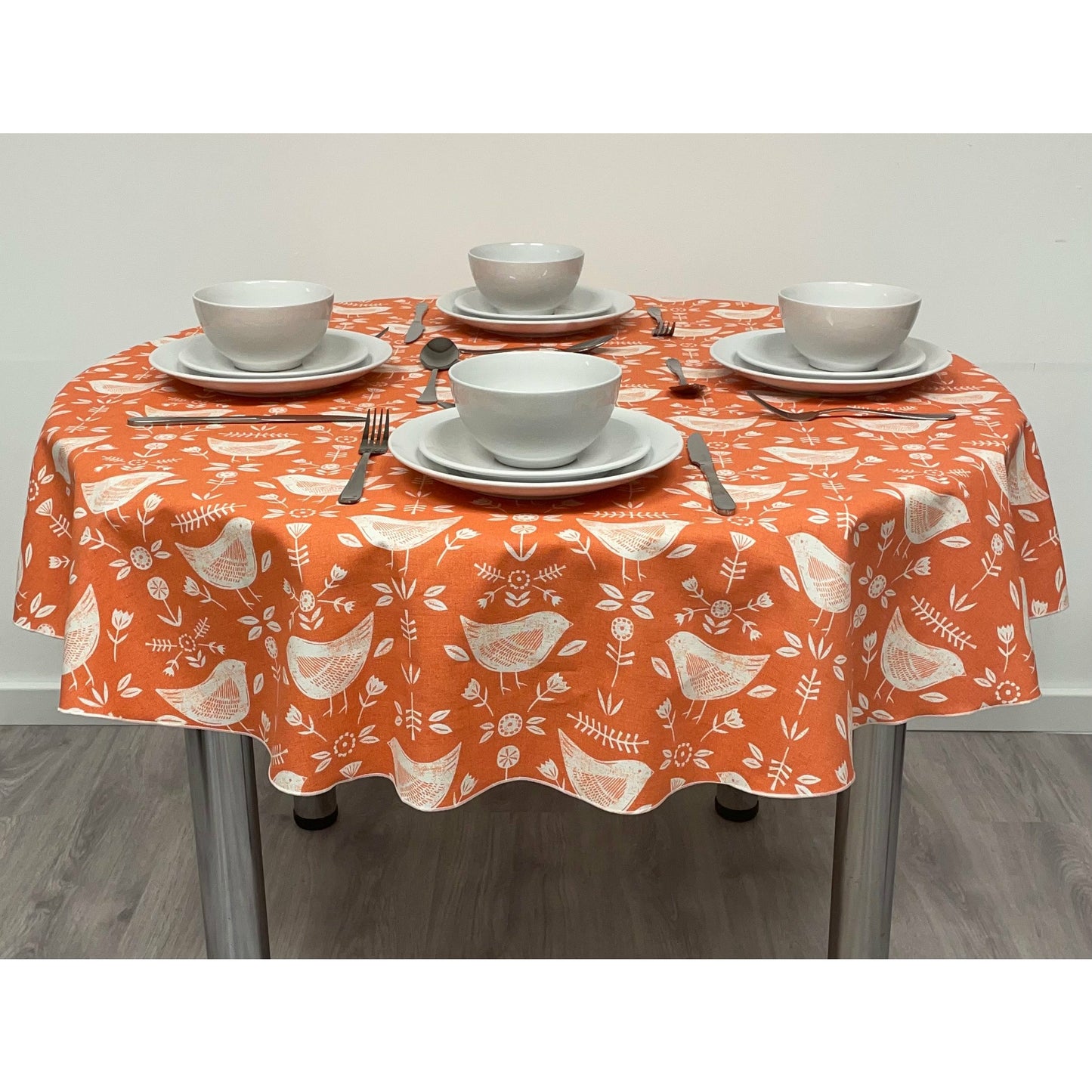 Round Cotton Tablecloth - Orange Scandinavian Bird Print.