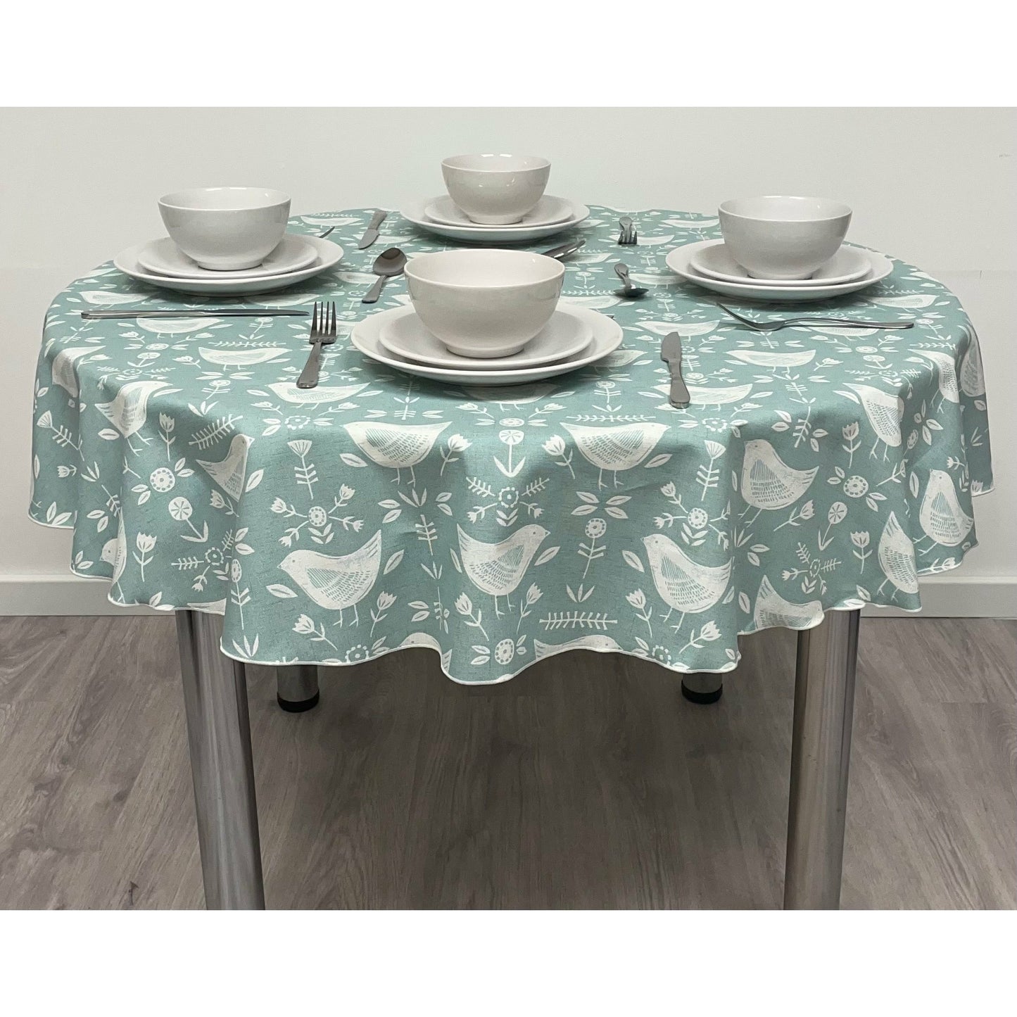 Round Cotton Tablecloth - Seafoam Scandinavian Bird Print.