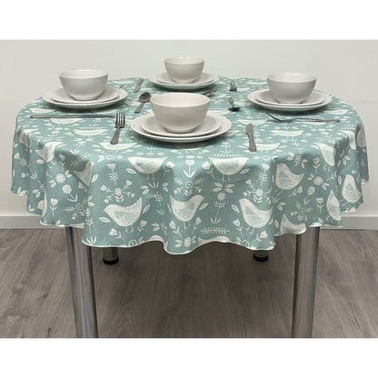 Round Cotton Tablecloth - Seafoam Scandinavian Bird Print.