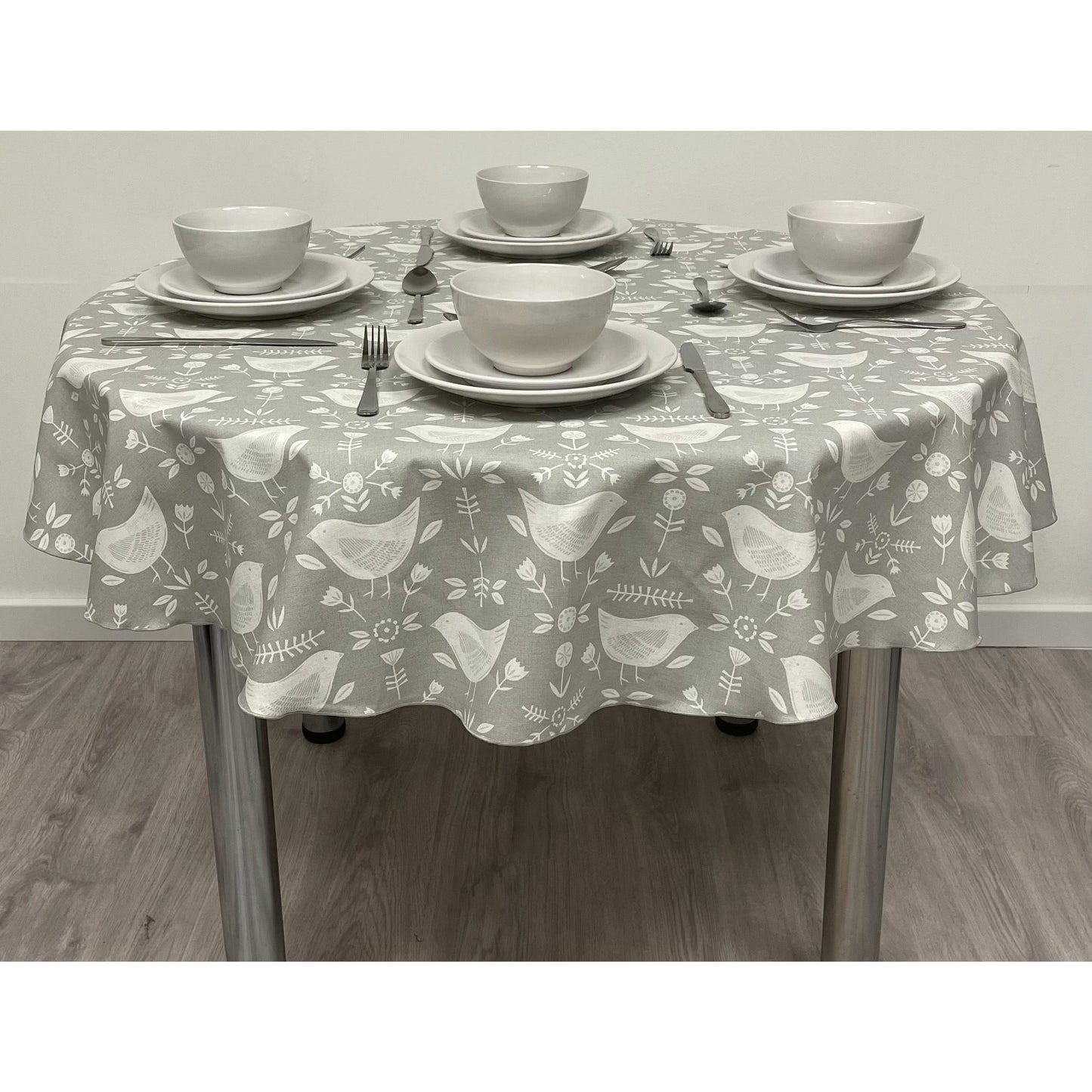 Round Cotton Tablecloth - Light Grey Scandinavian Bird Print.