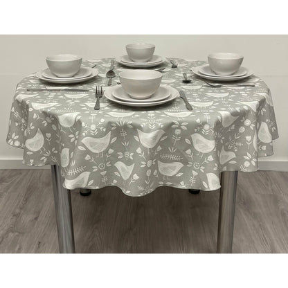 Round Cotton Tablecloth - Light Grey Scandinavian Bird Print.