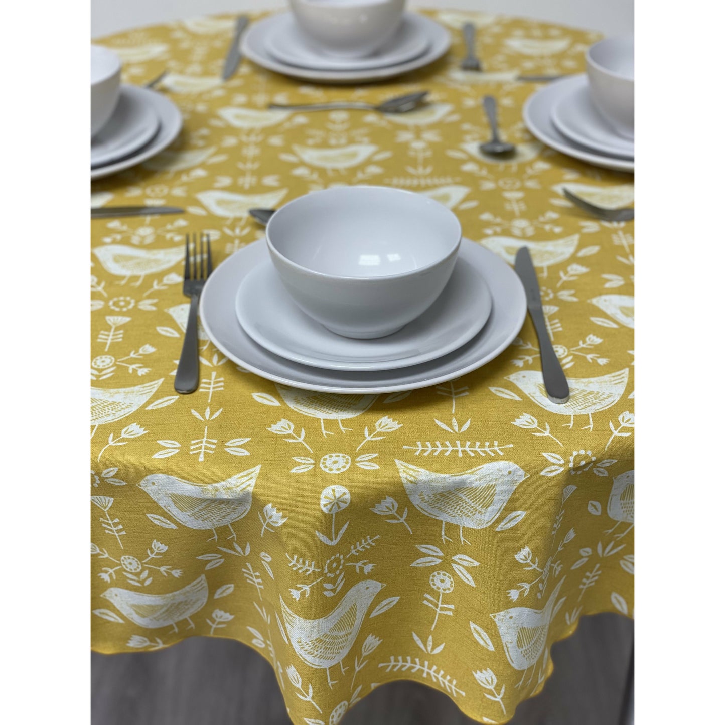 Round Cotton Tablecloth - Ochre Scandinavian Bird Print.