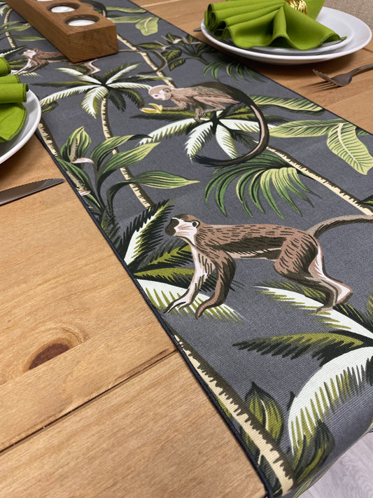 Monkey Print Cotton Table Runner - Grey