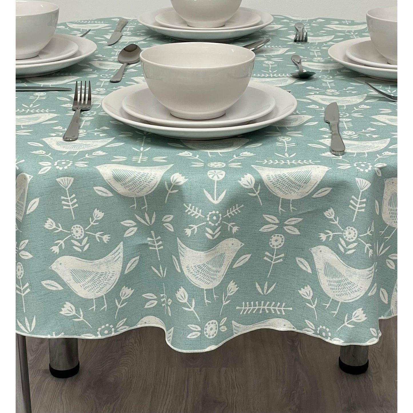 Round Cotton Tablecloth - Seafoam Scandinavian Bird Print.