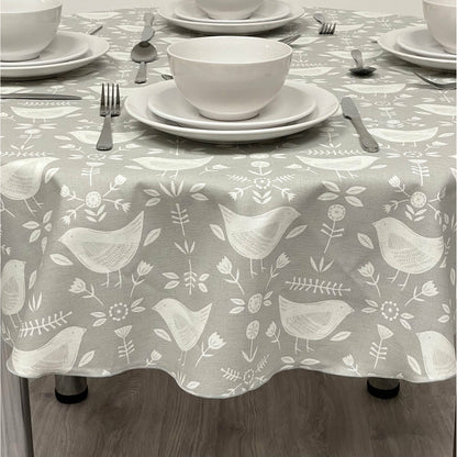 Round Cotton Tablecloth - Light Grey Scandinavian Bird Print.